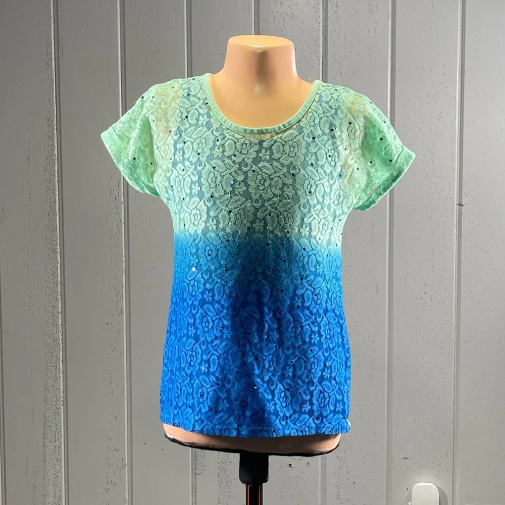 *🎀 Justice Girl’s Blue & Green Ombre  Lace Short Sleeve Top Sz 10